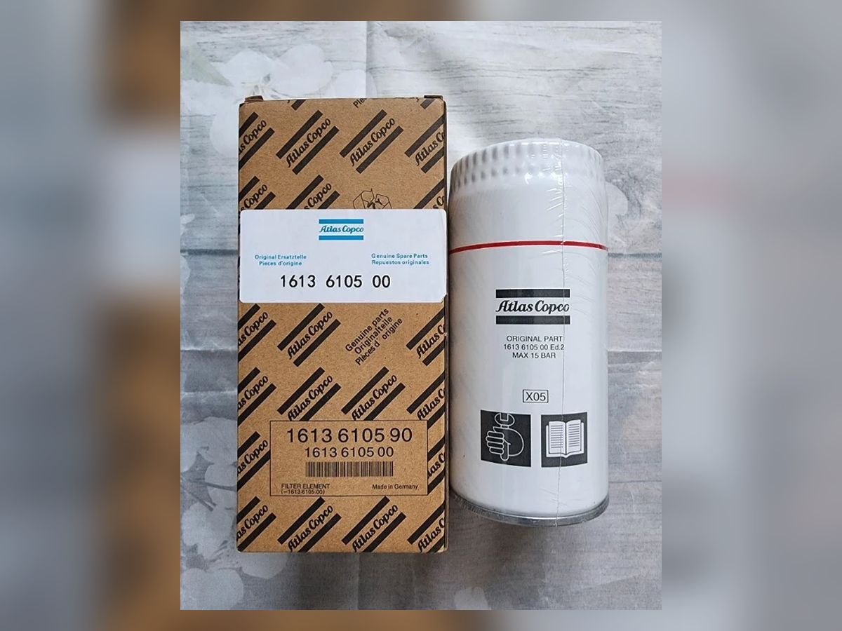 Lọc dầu máy nén khí Atlas Copco 1613-6105-90 — hộp Genuine Spare Parts và ruột lọc FILTER ELEMENT, MAX 15 BAR, Made in Germany